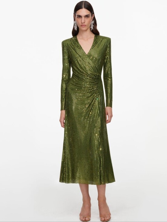 Self-Portrait Dresses & Skirts - Self Portrait Olive Rhinestone Mesh Wrap Midi Dress